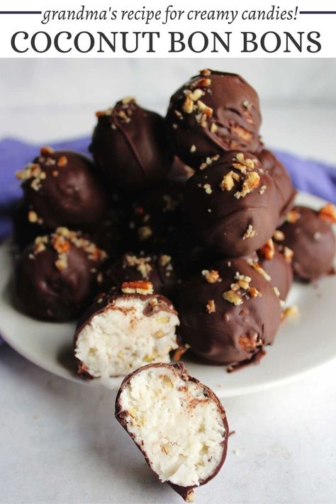 Coconut Candies Recipes, Coconut Bon Bons Recipe Christmas Candy, Bob Bon Recipe, Coconut Bonbons Homemade, Vanilla Bon Bons Recipe, Homemade Bon Bons, Chocolate Shell Recipe, Chocolate Coconut Balls No Bake, Coconut Cream Balls Recipe