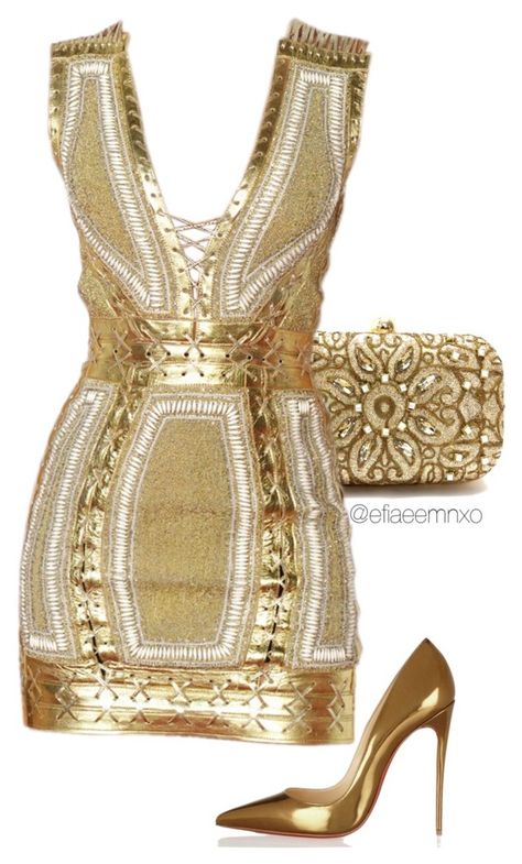 "Golden girl" by efiaeemnxo ❤ liked on Polyvore featuring moda, Christian Louboutin, gold, christianlouboutin, balmain, sbemnxo e styledbyemnxo Gold Outfit Party, Gold Outfit, Outfit Party, Gold Dress, Heel Shoes, Look Fashion, Passion For Fashion, Classy Outfits, High Heel Shoes