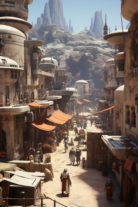 Starwars Concept Art Landscape, Star Wars Cities Concept Art, Starwars Landscape Art, Star Wars City Concept Art, Desertpunk City, Space Colony Concept Art, Science Fantasy City, Starwars Architecture, Starwars Landscape