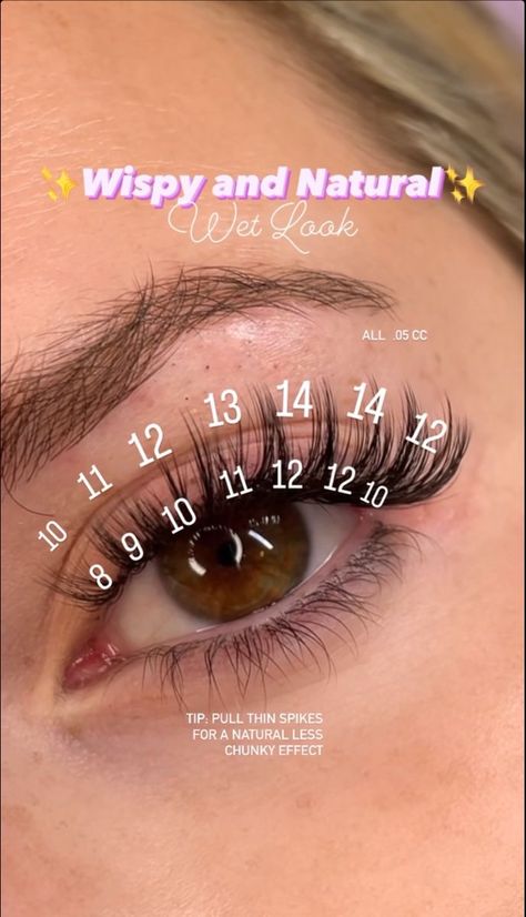 Wispy Eyelash Extensions Diy, Kylie Jenner Lash Mapping, Lash Mapping With Spikes, Eyelash Wet Look, Eye Lash Extensions Styles Natural Wispy, Lash Extensions Kylie Jenner, Wispy Wet Set Lash Map, Almond Lash Extensions, Wet Eyelash Extensions Map