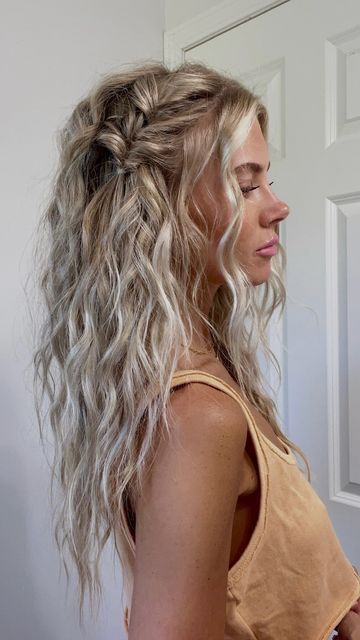 Whitney Lynne on Instagram: "My fav spring style 🌸 save to try & share with your girlies! @whitney_lynne for more hair inspo 💓💓 #springhairstyle #blondehairgoals #mnhairstylist Spring hair, spring hairstyles, spring hairstyle, spring hair goals, hair goals, hair goals af, blonde hair, blond hair, blond hair goals, blonde af, blonde hair things, blondes have more fun, mn hair, Minnesota hair, mn hairstyles, hair pages, hair inspo, blonde hair inspo, hair Insta, hair influencer," Formal Down Hairstyles Short, Braids And Curls Wedding Hair, Whimsical Blonde Hair, Simple Hairstyles For Pictures, Hair Down Cute Hairstyles, Long Layers Balayage Blonde, Low Pull Through Braid, Cute Simple Long Hairstyles, Boho Hair Half Up Half Down