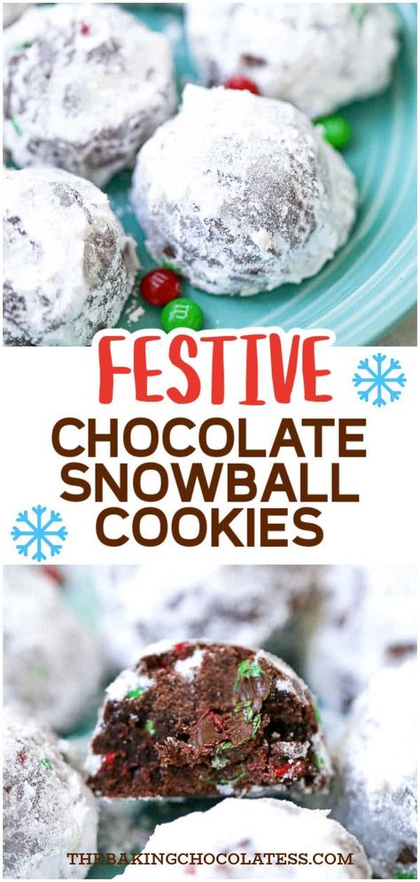 Indulge in the festive delight of Chocolate Snowball Cookies, a perfect holiday party snack. These chocolate desserts are a Christmas essential, adding a snowy charm to your table. Enjoy the rich, decadent taste of these chocolate cookies, encased in a powdered sugar shell for that magical holiday touch. A treat that's as fun to make as it is to devour! A must-try Christmas tradition! Snowball Chocolate Chip Cookies, Chocolate Snowballs Recipe, Melt In Your Mouth Peanut Butter Chocolate Chip Snowball Cookies, Double Chocolate Snowball Cookies, Peanut Butter Chocolate Chip Snowballs, Snowball Cookies Recipe Christmas, Christmas Cookies With Chocolate, Chocolate Snowball Cookies Recipe, Chocolate Chip Snowball Cookies