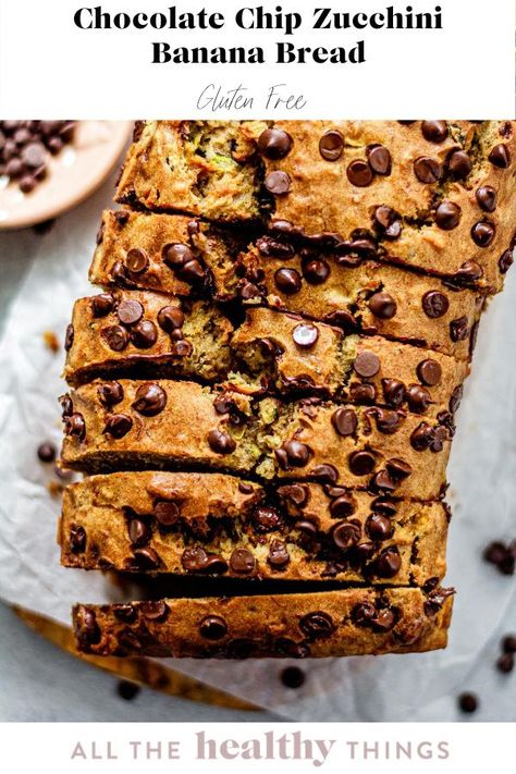 Chocolate Chip Banana Zucchini Bread Gluten Free, Gluten Free Chocolate Chip Zucchini Bread, Gluten Free Zucchini Banana Bread Recipes, Gf Zucchini Banana Bread, Gluten Free Zuchini Bread, Gluten Free Zucchini Banana Bread, Angel Desserts, Zucchini Banana Bread Recipes, Banana Bread Gf