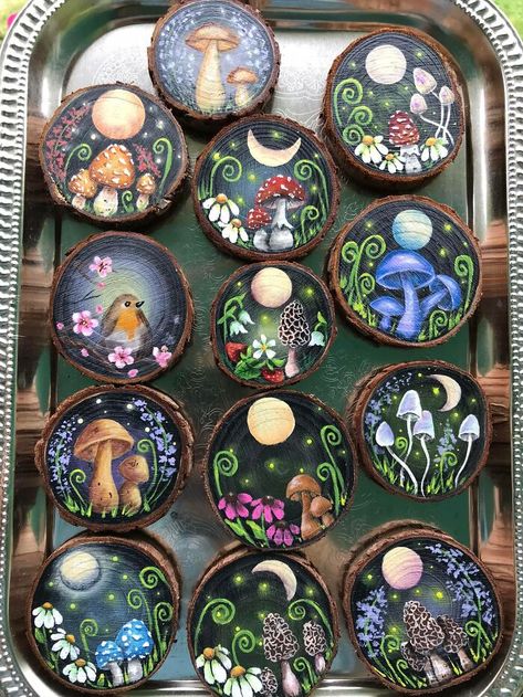 Creator: Me (The Stone Pansy) Medium: acrylic on wood, magnets I’m peculiar and my wife calls me an artist. Plank Paintings Diy Wood, Hand Painted Tables Ideas, Mushroom Painted Rocks, Painted Stones And Rocks, Witchy Crafts To Sell, Mystical Paintings, Mushroom Paint, Mushroom Crafts, Wood Slice Art