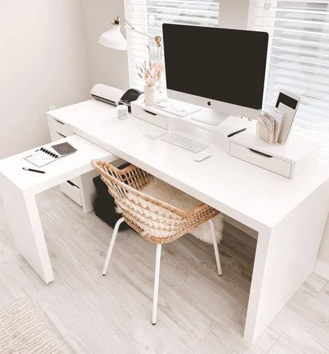 IKEA white minimalist pull out desk Ekby Ikea, Ikea Malm Desk, Linnmon Desk, Ikea Desk Hacks, Desk For Two, Ikea Desk Hack, Desk Hacks, Mobile Desk, Ikea Office