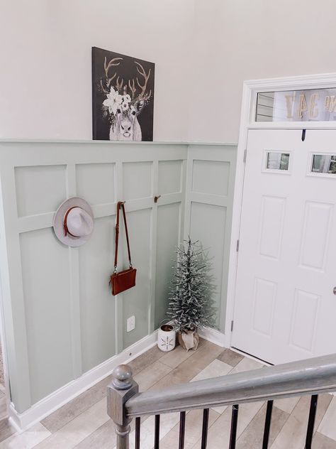 Board And Batten Wall With Shelves, Classic Board And Batten Wall, Board And Batten Wall Around Door, Gold Board And Batten Wall, Small Hallway Board And Batten, Board Batten Hallway, Entry Wainscoting Ideas, Green Board And Batten Hallway, Board Batten Entryway