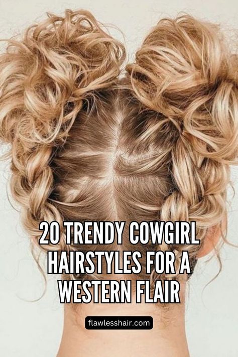 Braided Space Buns Texas Hairstyles Big, Country Dance Hairstyles, Cute Hair For Country Concert, Cowgirl Style Hairstyles, Western Boho Hairstyles, County Fair Hairstyles, Showmanship Hairstyles, Cattle Show Hairstyles, Easy Cowgirl Hairstyles