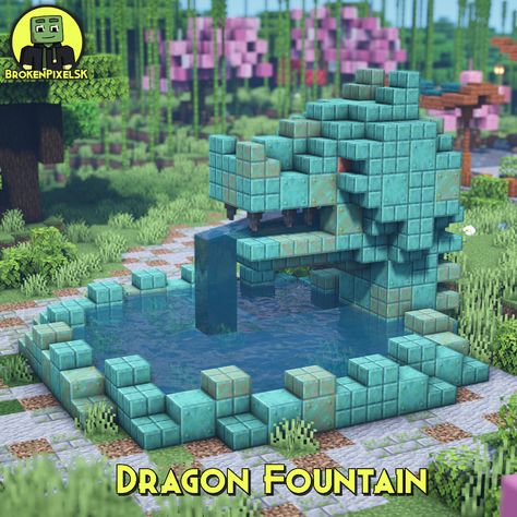 Minecraft Underwater Statue, Japanese Garden Design Minecraft, Dragon Egg Build Minecraft, Japanese Minecraft Fountain, Minecraft Samurai Statue, Minecraft Dragon Fountain, Minecraft Water Fountain Designs, Minecraft One Piece Build, Minecraft Water Decoration