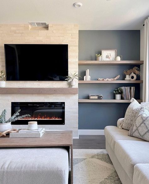 cut stone fireplace against blue walls Cool Fireplaces, Fireplace Feature Wall, Built In Shelves Living Room, Living Room Built Ins, Fireplace Built Ins, Living Room Decor Fireplace, Diy Fireplace, Home Fireplace, Living Room Remodel