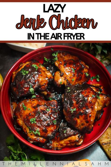 Jerk Chicken Air Fryer Recipes, Air Fry Jerk Chicken, Spicy Chicken Air Fryer Recipes, Jerk Wings Air Fryer, Chicken Thigh Marinade For Air Fryer, Jerk Chicken Recipe Air Fryer, Jerk Chicken Crockpot, Spicy Jerk Chicken Recipe, Jerk Chicken Breast Recipe