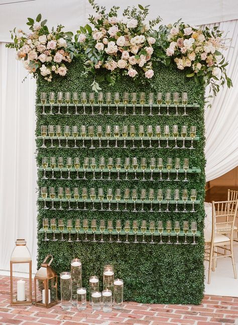 Champagne Wall Flowers, Living Wall Wedding, Green Champagne Wall, Champagne Hedge Wall, Wall Of Champagne Glasses, Beverage Wall Wedding, Floral Wedding Wall, Champagne Wall Engagement Party, Champagne Entrance Wedding