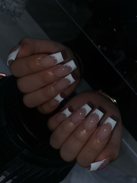 New Years French Tip Nails Sparkle, French Tips Glitter Line, Glitter Line French Tip, Glitter Lined Nails, White French Tip Nails With Gold Line, White French With Gold Line, White French Tip With Glitter Line, White French Tips With Gold Line, French With Glitter Line