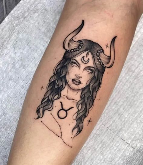 Taurus Woman Tattoo Design, Taurus Patchwork Tattoo, Taurus Art Tattoo, Taurus Queen Tattoo, Woman Taurus Tattoo, Bull Woman Tattoo, Taurus Shoulder Tattoo, Cool Taurus Tattoos, Tattoo Body Women