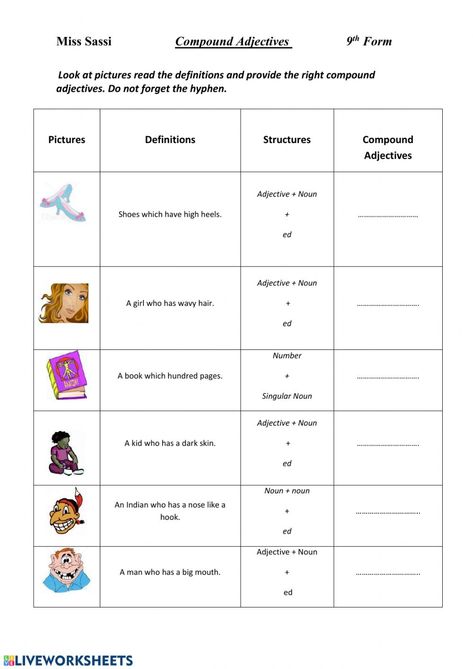 Compound adjectives: online worksheet and pdf Compound Adjectives, Adjectives Activity, Adjectives Activities, Verb Worksheets, School Subjects, Online Workouts, Google Classroom