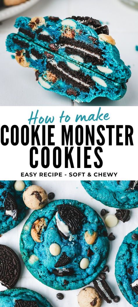 Create the ultimate cookie monster cookies with this easy step-by-step recipe! These irresistibly soft and chewy blue cookies are loaded with white and dark chocolate chips, as well as crushed Oreos and chocolate chip cookies, making them the perfect treat for birthday parties and cookie lovers. Monster Cookies Crumbl, Crumbl Cookie Monster Copycat, Chocolate Chip Brownie Recipes, Things To Bake With Oreos, Cookie Monster Cake Mix Cookies, Cookie Monster Brownies Recipe, Oreo Cookie Cookies, How To Make Cookie Monster Cookies, Birthday Chocolate Chip Cookies