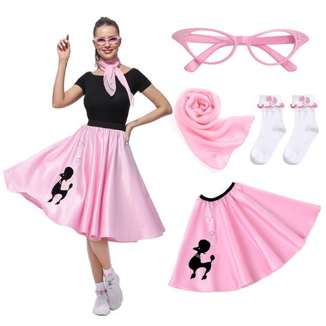 PRICES MAY VARY. 🧦 Adults Sock Hop Costume Included---A poodle skirt for women, a pair of glasses frames, a soft silky scarf, and a pair of lace white socks. The adults 50s costume for women does not include a black top, but this poodle skirt is very versatile, it could be matched with t-shirts, jackets, sweaters, shirts etc, just as you like. 🧦 Fabric & Details Of The 1950s Sock Hop Outfits---The poodle skirt is made of 100% polyester fibre, high-quality materials and looks shiny. The 1950s s Kids Sock Hop Outfit, Sock Hop Outfits For Women, 50s Theme Outfit, Grease Theme Party, 50s Dress Up, Sock Hop Outfits, Funny Halloween Costumes For Women, Girls Poodle Skirt, Sock Hop Costumes