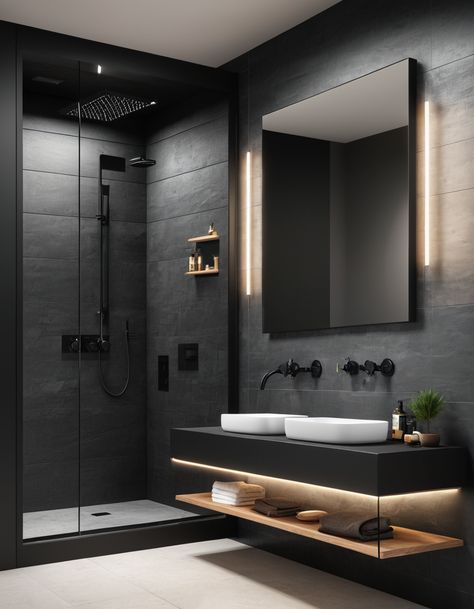 Stylish Shower Room, Natural Color Bathroom Ideas, Bathroom Ideas Walk In Shower Modern, Dark Scandinavian Bathroom, Smart Bathroom Design, Men’s Dark Bathroom Ideas, Small Masculine Bathroom, Washroom Ideas Modern, Washroom Design Modern