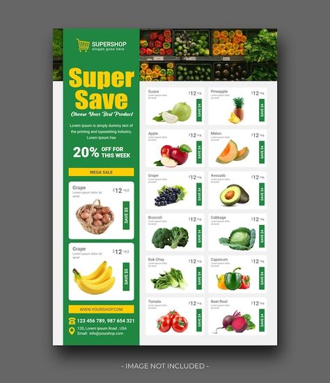 Vector supermarket flyer design | Premium Vector #Freepik #vector #supermarket-products #supermarket-grocery #grocery-store #grocery-shopping Grocery Marketing Ideas, Grocery Store Flyer Design, Fruits Shop Design, Supermarket Catalogue Design, Provision Store Flyer Design, Product Posters Design, Supermarket Design Ideas, Super Market Design, Supermarket Brochure