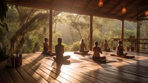 Nature, Forest Retreat House, Yoga In The Forest, Outdoor Wellness Area, Yoga Retreat Aesthetic, Yoga Space Ideas, Yoga Landscape, Centro Yoga, Forest Spa