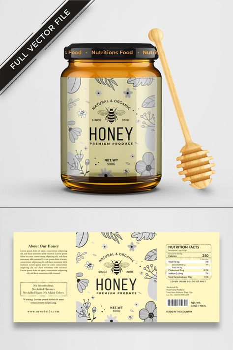 Honey jar Label and honey label sticker bottle vector design- Image by artfriend Creative Honey Packaging, Food Product Design Packaging, Honey Template Design, Labels For Honey Jars, Honey Banner Design, Natural Food Packaging Design, Sticker Bottle Design, Honey Jar Labels Design, Honey Product Design