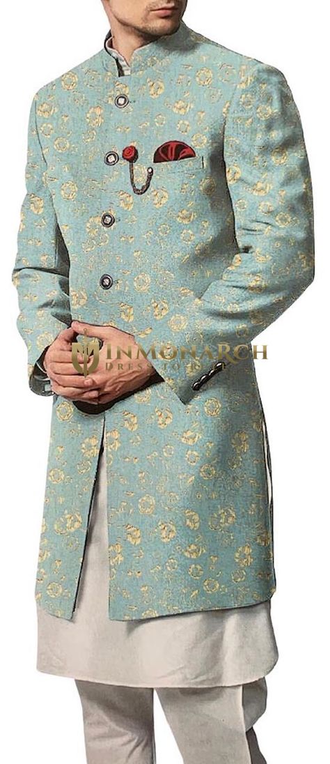 Men's wedding indo western 3 Pc (Jacket, Kurta, Pyjama) made from turquoise and blue color polyester fabric. It has a bottom as a pajama made in white color dupion silk fabric. Turquoise Kurta Men, Wedding Sherwani For Men, Indian Reception, Mens Indian Wear, Sherwani For Men Wedding, Ethnic Wear Indian, Sherwani Groom, Sherwani For Men, Kurta Pyjama