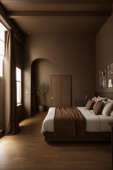 House Design Earth Tones, Caramel Brown Bedroom, Bedroom Brown Curtains, Brown Rooms Ideas, Sand Colored Bedroom, Brown Wall Painting Ideas, Brown Wall Aesthetic, Dark Brown Wall Paint, Brown Aesthetic House