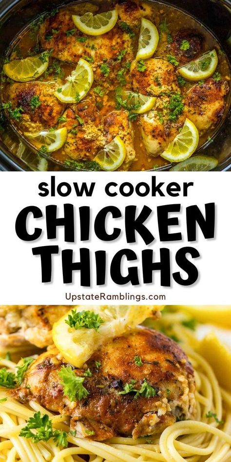 Slow Cooker Chicken Thighs  for easy dinner Pinterest pin. Semaglutide Recipes, Cardio Recipes, Boneless Chicken Thighs Crockpot, Chicken Thighs Slow Cooker Recipes, Upstate Ramblings, Crockpot Chicken Thighs, Slow Cooker Chicken Thighs, Chicken Menu, Chicken Thigh Recipes Crockpot