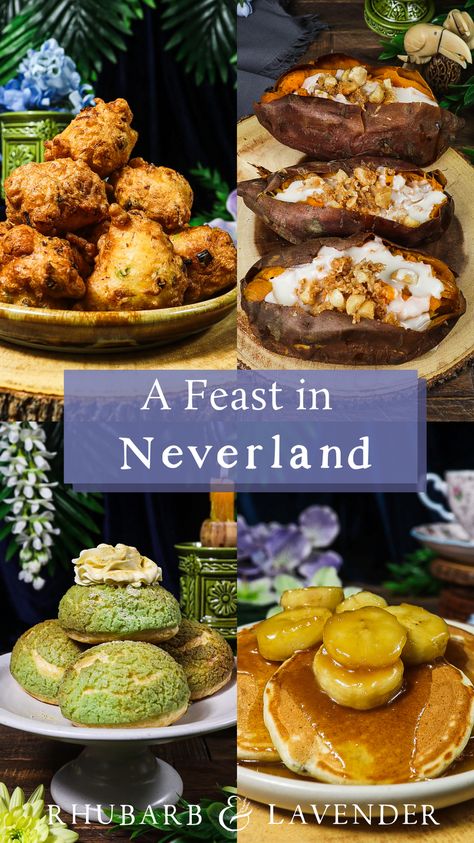 Prepare a Disney-themed feast inspired by Peter Pan and the characters of Neverland! These enchanting Neverland recipes are fit for grown-ups or a whimsical dinner party with tropical cocktails and recipes inspired by Tinkerbell, Captain Hook, the Lost Boys and the Mermaid Lagoon. Goonies Dinner And A Movie, Alice In Wonderland Recipes Food, Hook Themed Dinner, Neverland Food Ideas, Recipes For Birthday Dinner, Fantasy Dinner Recipes, Hook Movie Food, Movie Themed Recipes, Peter Pan Dinner And A Movie