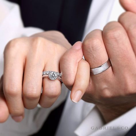 Found the love of your life? Check! Magical proposal? Check! Then check out our matching rings inspiration blog!  #engaged #engagementring #weddingring #weddingband #rings #diamondring #marriage #wedding #weddingplanning#GabrielNY #DiamondJewelry #FineJewelry#gabrielengagementring #gabrielring #gabrielwedding#Men's#Band Couple Ring Photography Hands, Wedding Rings On Hands, Men Proposal Ring, Cincin Pernikahan Wedding Ring Couple, Couple Ring Photography, Engagement Rings Photography, Wedding Ring Poses, Marriage Rings Couple Unique, Ring Photoshoot Ideas