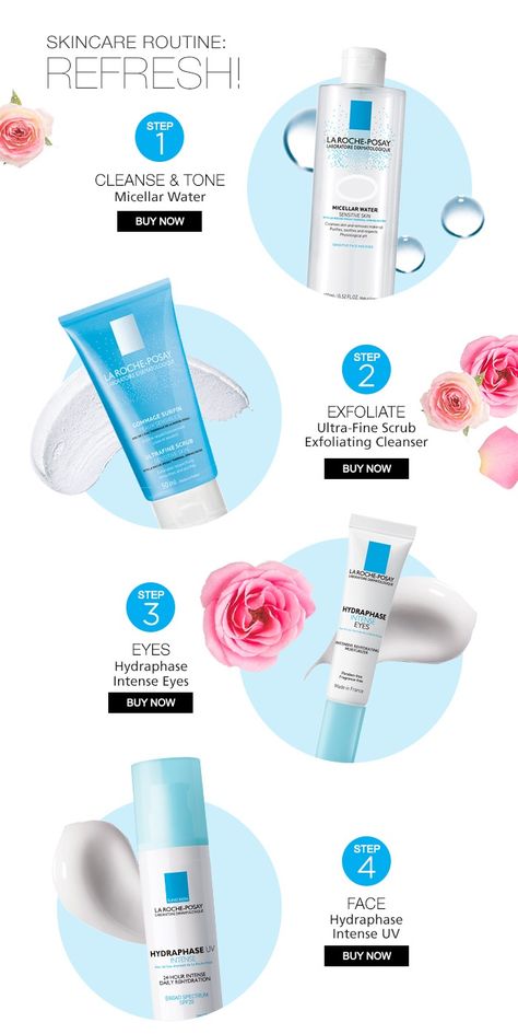 Step 1: Cleanse with Micellar Water Step 2: Exfoliate with Ultra-Fine Scrub Step 3: Care for your eyes with Hydraphase Intense Eyes Step 4: Moisturize with Hydraphse Intense UV with SPF #LaRochePosay #Hydraphase Micellar Water, Intense Eyes, Bio Pool, Cosmetics Banner, Email Design Inspiration, Email Marketing Design, Cosmetic Design, Social Media Design Inspiration, Promotional Design