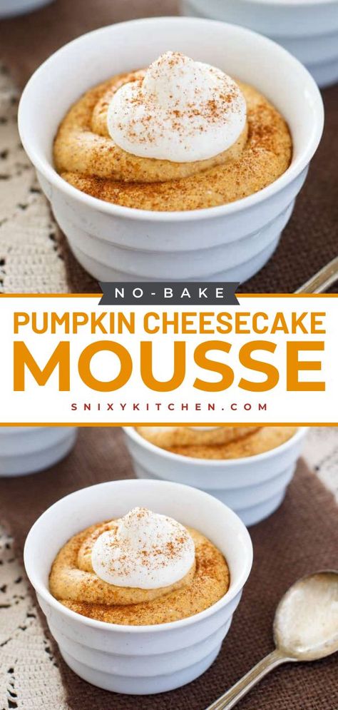 This No Bake Pumpkin Cheesecake Mousse is one of the best pumpkin desserts to add to your Thanksgiving sweet treats! This recipe is so simple that you can whip it together in about five minutes. Pin this recipe! Pumpkin Cheesecake Mousse, No Bake Pumpkin, No Bake Pumpkin Cheesecake, Pumpkin Mousse, Cheesecake Mousse, Vegan Pumpkin Pie, Keto Pumpkin, Dessert Aux Fruits, Desserts Vegan