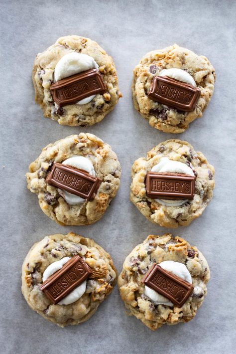 Bakery Cookies Aesthetic, Call Baked Goods, Fat Cookie Recipes, Cookie Business Ideas, S'more Cookies, New York Style Cookie Recipe, Thick Bakery Style Cookies, S'mores Cookies, Cool Cookie Recipes