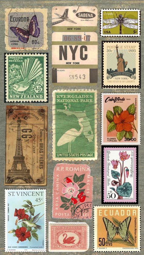 Mail Stamps Aesthetic, Mail Stamp Aesthetic, Vintage Mail Stamps, Stamps Aesthetic Vintage, Aesthetic Vintage Letter Ideas, Scrapbook Stickers Printable Vintage Aesthetic Green, Journal Pics To Print, Postcard Aesthetic Design, Vintage Postage Stamps Printable