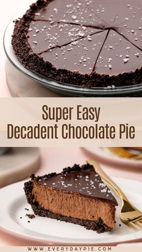 Simple to make but bursting with flavor, this No-Bake Easy Chocolate Pie is indulgent with a creamy no-bake filling, cookie crumb crust, silky ganache, and finish of flaky salt. Ganache Pie Recipe, Chocolate Cookie Pie Crust Recipe, Chocolate Pie No Eggs, Chocolate Ganache Pie Recipe, Cookie Crust Pie Recipes, Easy Chocolate Pie No Bake, Pies With Chocolate Crust, Best Easy Pie Recipes, Homemade Chocolate Pie Filling