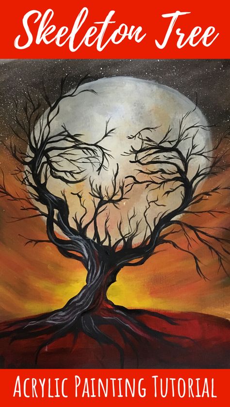 Paint this fun Halloween Skeleton tree in this easy step-by-step acrylic painting tutorial for beginners! Halloween Acrylic Painting Tutorial, Easy Spooky Paintings For Beginners, Fall Paintings On Canvas Easy Step By Step, Halloween Painting Tutorial, Spooky Acrylic Painting, Thrifted Paintings, Easy Halloween Paintings For Beginners, Halloween Paint Night, Halloween Acrylic Painting Ideas