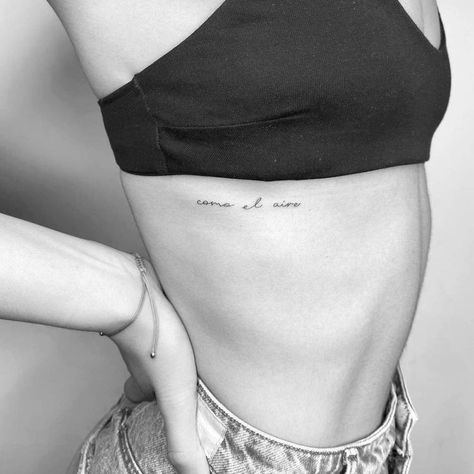 Quotes Rib Tattoo, Script Tattoo On Ribs Women, Text Tattoo Side Rib Women, Side Cursive Tattoo, Text On Ribs Tattoo, Rib Tattoo Words Lettering, Lettering Tattoo Placement Women, One Word Rib Tattoo, Ribcage Writing Tattoo