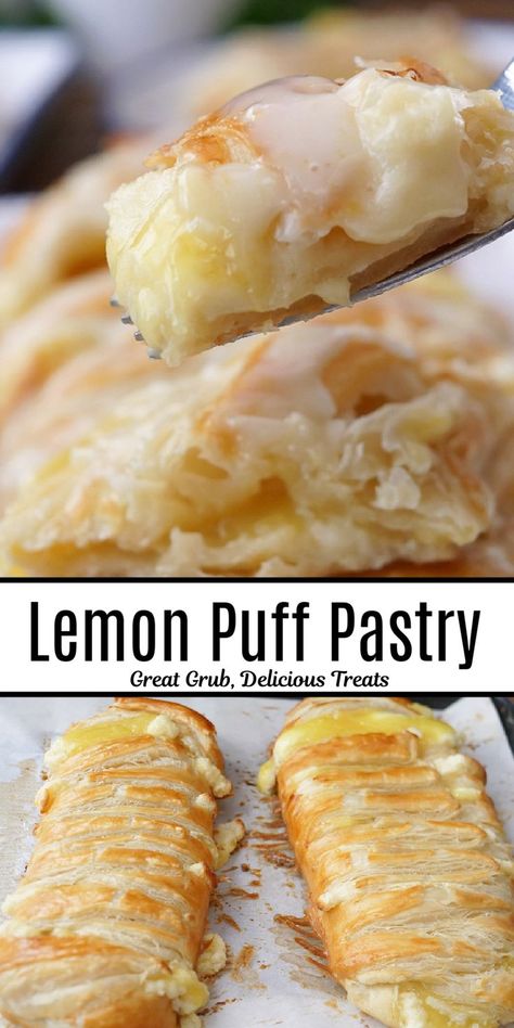 A double collage photo of lemon puff pastry. Lemon Puff Pastry, Sweet Puff Pastry Recipes, Sweet Puff Pastry, Easy Puff Pastry Recipe, Puff Pastry Recipes Dessert, Pastries Recipes Dessert, Puff Pastries, Puff Pastry Desserts, Lemon Cream Cheese