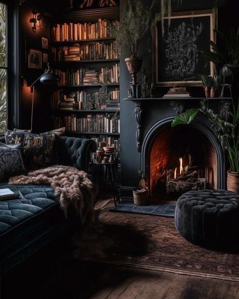 Dream Appartement, Dark Academia House, Dark Academia Living Room, Academia House, Dark Academia Interior, Dark Academia Home, Gothic Living Room, Goth House, Gothic Interior