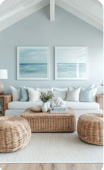 Coastal Beach Cottage, Beach House Living Room Gray Couch, Boho Beach House Interior, Grey Couch Beach Living Room, Gray Couch Beach Living Room, Minimalist Beach House Decor, Beach House Furniture Coastal, Living Room Aesthetic Beach House, Beach Condo Interior Design