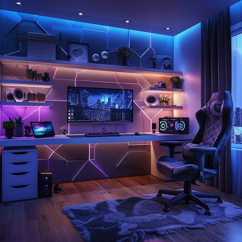 Gaming Room Setup Ideas, Cool Gaming Rooms, Gamer Room Design, Room Setup Ideas, Gaming Computer Room, Teenager Bedroom Design, Game Room Ideas, Games Room Inspiration, Home Recording Studio Setup