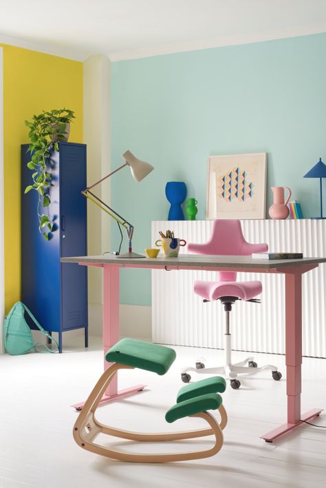 Colourful Office, Colorful Office Design, Contemporary Office Interiors, Pastel Danish, Sleek Office, Office Shelving, Modern Office Interiors, Pink Desk, Office Space Design