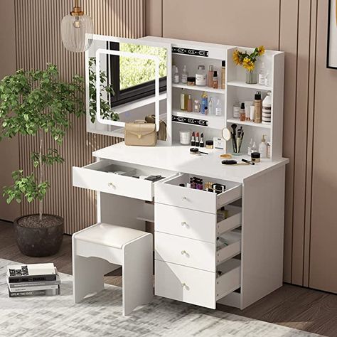 Bedroom Vanity Set, White Makeup Vanity, Corner Vanity, Makeup Vanities, Hidden Shelf, Makeup Vanity Set, Sliding Mirror, Mirrored Vanity Desk, Vanity Table Set