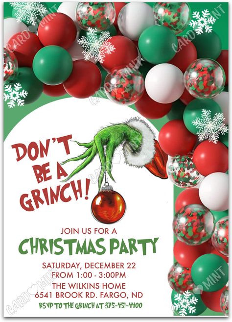 Quickly personalize. Includes matching thank you card.   Host a successful christmas party starting with this Christmas decorations green/red invite!   You can edit this product yourself, during and/or after purchase. Print or send as an Evite.  Image watermarks will be removed after purchase.  The dimensions are 5"x7". Christmas Party Template Free, Grinch Christmas Eve Party, Ladies Night Christmas Party, Office Christmas Party Ideas Decoration, Grinch Xmas Party, Grinch Christmas Invitations, Christmas Potluck Invitation, Grinch Christmas Party Invitations, Christmas Party Sleepover