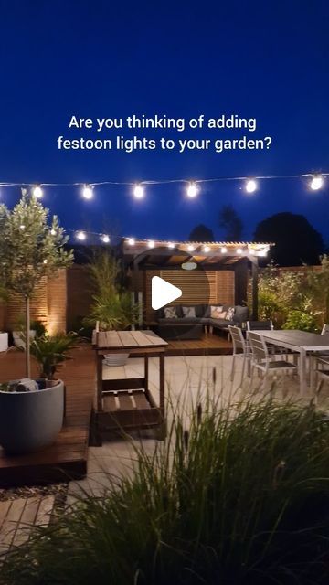 Kate Ward on Instagram: "Are you thinking of adding festoon lights to your outdoor space this year? Here's how we hung ours! 💡 

We wanted our festoon lights to be a permanent feature in the patio, so we hung them using festoon poles and brackets on the pergola and brick wall. We have an outdoor power source, so we were able to plug them straight in 🔌 

A support wire takes the pressure off the cable and helps to maintain the tension and prevent sagging. You can use hooks to connect the cable to the support wire, but we used cable ties. 

Hope you find this useful! 

#festoon #festoonlights #patio #gardenlights #decking #pergola #gardenideas #gardendecor" Festoon Lights Pergola, Deck Lights Ideas Hanging, Festoon Lights Backyard, Festoon Pole, Festoon Lighting Garden, Decking Pergola, Backyard Table, Bbq Gazebo, Festoon Lights