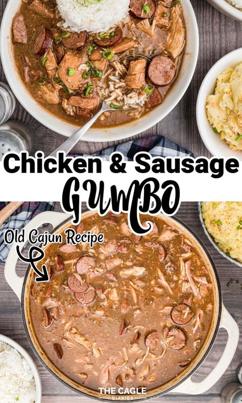 This is a totally authentic South Louisiana Chicken and Sausage Gumbo and is a classic! A no fail recipe that my family have me make at least every other week - yes even in the summer! It's comfort food at it's best - lay on the couch rubbing that belly after a bowl of Chicken and Sausage Gumbo - paired with a good potato salad. Authentic Cajun Gumbo, Cajun Gumbo Recipe, Best Gumbo Recipe, Easy Gumbo, Gumbo Recipe Easy, Chicken And Sausage Gumbo, Chicken Sausage Gumbo, Cajun Gumbo, Gumbo Recipe Sausage