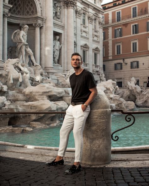 "THE SAINT ISSUE" - @robinsebastians via Robin Sebastian; Mens fall outfits, #FontanadiTrevi, #Rome, #Italy #menstyle #mensfall #outfit Rome Photo Ideas Men, Rome Poses, Fontana Di Trevi Photo Ideas, Rome Photoshoot, Rome Italy Photography, Rome Outfits, Mens Fall Outfits, Rome Photography, Male Portrait Poses