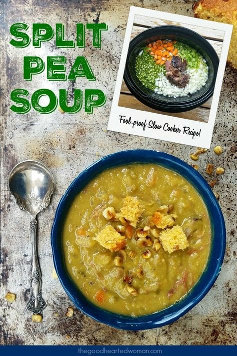 You just can't beat a bowl of thick, savory old-fashioned split pea soup with ham on a cold day. Comforting and hearty, this simple, virtually bulletproof recipe is an easy, economical way to repurposed leftover ham and ham bones, too.#souprecipe #slowcooker #slowcookerrecipes #slowcookersoup #splitpeas #foolproofrecipes #easyrecipes Old Fashioned Split Pea And Ham Soup, Slow Cooker Split Pea Soup With Ham Bone, Crock Pot Pea Soup With Ham Bone, Pea Soup With Ham Bone Slow Cooker, Split Pea Soup Ham Bone, Ham Bone Split Pea Soup, Split Pea Soup With Hambone, Split Pea Soup Recipes, Pea Soup Crockpot