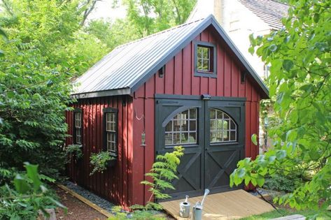 Red House Exterior, Black Metal Roof, Red Shed, Shed Makeover, Backyard Storage Sheds, Red Houses, Board Batten, Shed Colours, Cabin Exterior