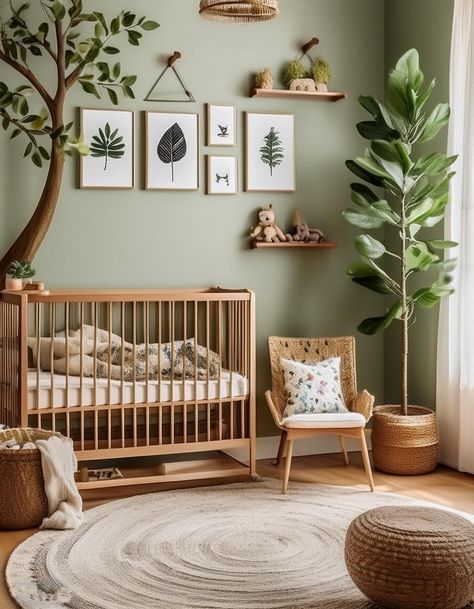 These creative Nursery Room Design ideas to create a cozy and stylish space for your baby, with tips on decor, light, and eco-friendly. Forest Bear Nursery, Nursery Light Green Walls, Green And Natural Wood Nursery, Sage Safari Nursery, Nursery Ideas Rental Home, Baby Nook In Parents Room, Nursery Ceiling Ideas, Plant Themed Baby Nursery, Neutral And Green Nursery