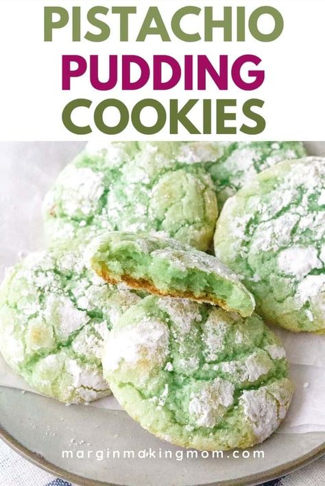 Pistachio Pudding Recipes Desserts, Desserts With Pistachio Pudding, Pistachio Cookies Pudding, Easy Pistachio Cookies, Pistachio Pudding Recipes, Green Crinkle Cookies, Pistachio Dessert Recipes, Pistachio Cookies Recipe, Pistachio Recipes Desserts